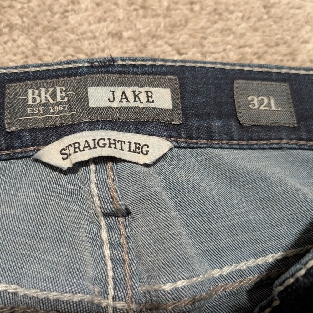 BKE Jeans Mens 32L Blue Jake Straight Leg Stretch Dark Wash Embroidered Casual - Picture 4 of 9